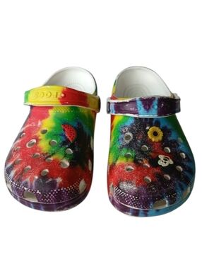Crocs Classic Tie-Dye Glitter Clogs with Jibbitz Charms, Sz 7